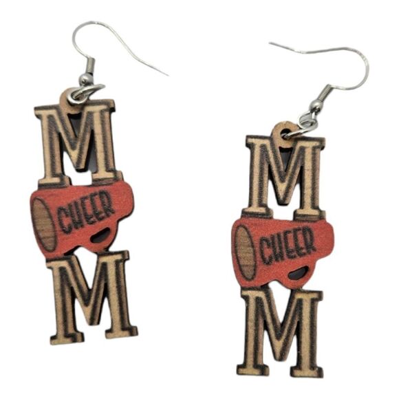 CHEER Mom Earrings Cheerleader Megaphone Wooden Dangle Pierced Sport Jewelry - Picture 3 of 3